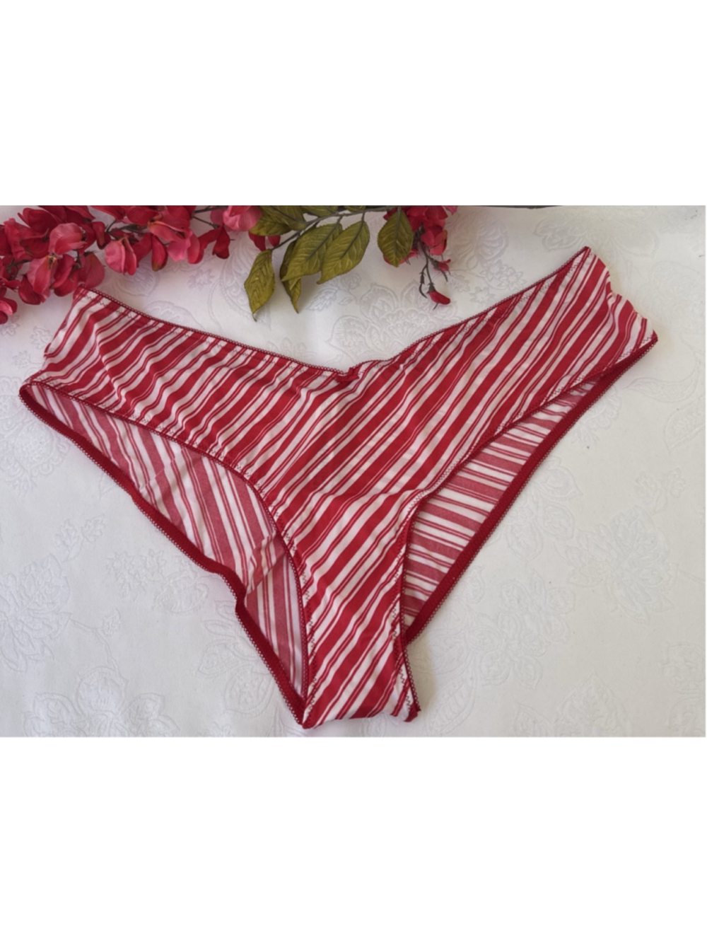 VICTORIA'S SECRET XL SILKY HIGH LEG CHEEKY CANDY STRIPE RED WHITE PANTIES NWT